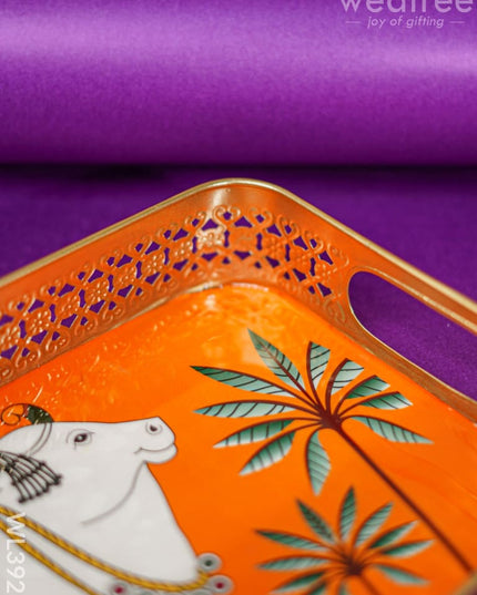 Rectangular Brass Tray With Pichwai Design - Orange Wl3921 Utility