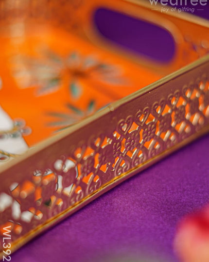 Rectangular Brass Tray With Pichwai Design - Orange Wl3921 Utility