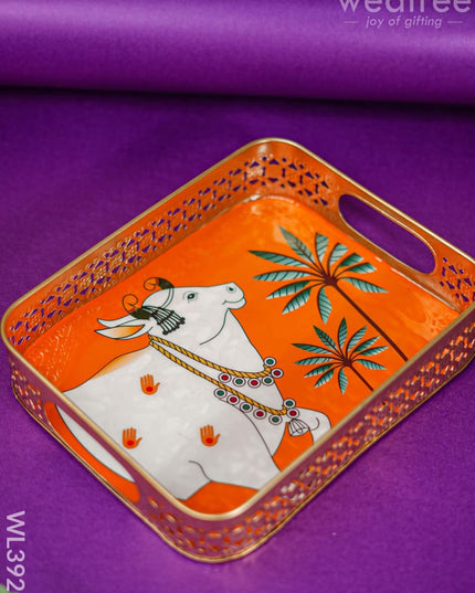 Rectangular Brass Tray With Pichwai Design - Orange Wl3921 Utility