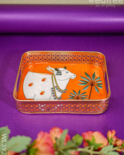 Rectangular Brass Tray With Pichwai Design - Orange Wl3921 Utility
