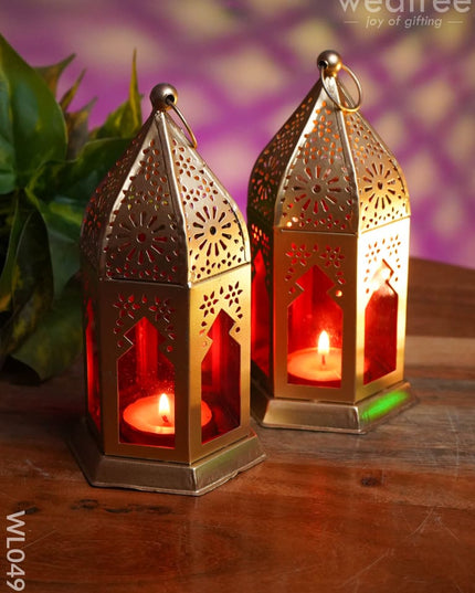 Red Metal Lantern - Set Of 2 Wl0493 Candles And Votives