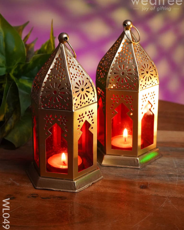 Red Metal Lantern - Set Of 2 Wl0493 Candles And Votives