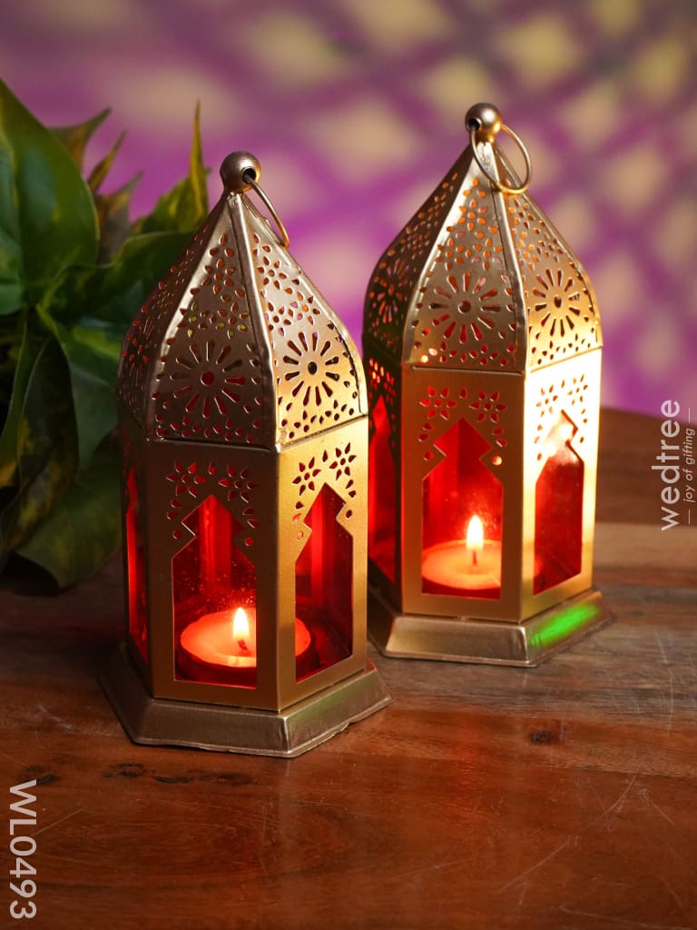 Red Metal Lantern - Set Of 2 Wl0493 Candles And Votives
