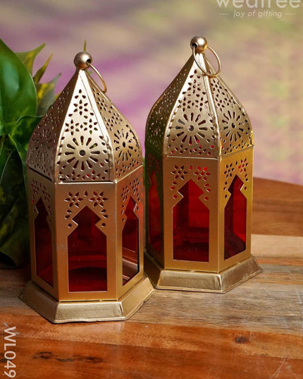 Red Metal Lantern - Set Of 2 Wl0493 Candles And Votives
