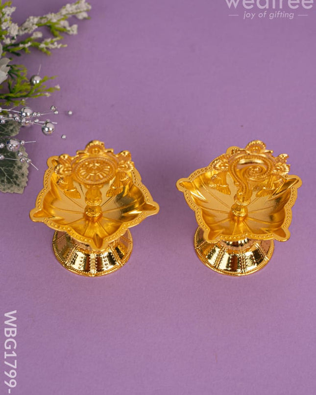 Shanku Chakra Diya - Gold - 3 inch - WBG1799-1 - White Metal Diya RG