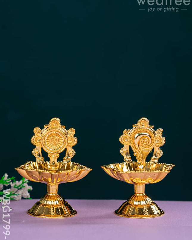Shanku Chakra Diya - Gold - 3 inch - WBG1799-1 - White Metal Diya RG