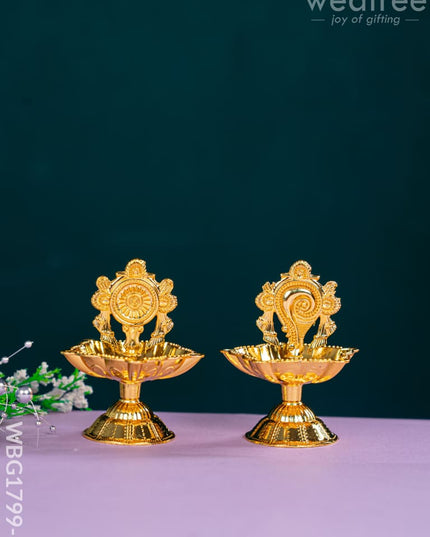 Shanku Chakra Diya - Gold - 3 inch - WBG1799-1 - White Metal Diya RG