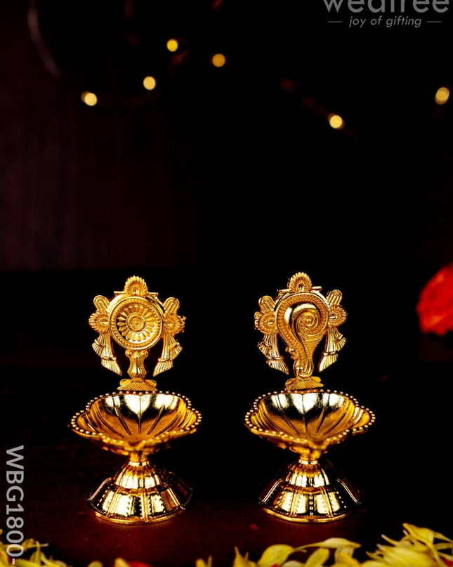 Shanku Chakra Diya - Gold - 3 inch - WBG1800-1 - White Metal Diya RG