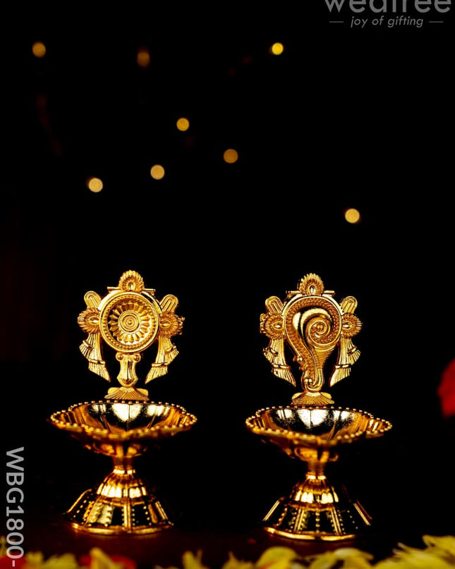 Shanku Chakra Diya - Gold - 3 inch - WBG1800-1 - White Metal Diya RG