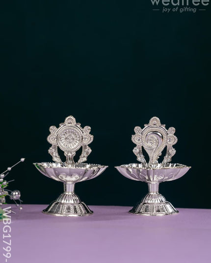 Shanku Chakra Diya - Silver - 3 inch - WBG1799-2 - White Metal Diya RG