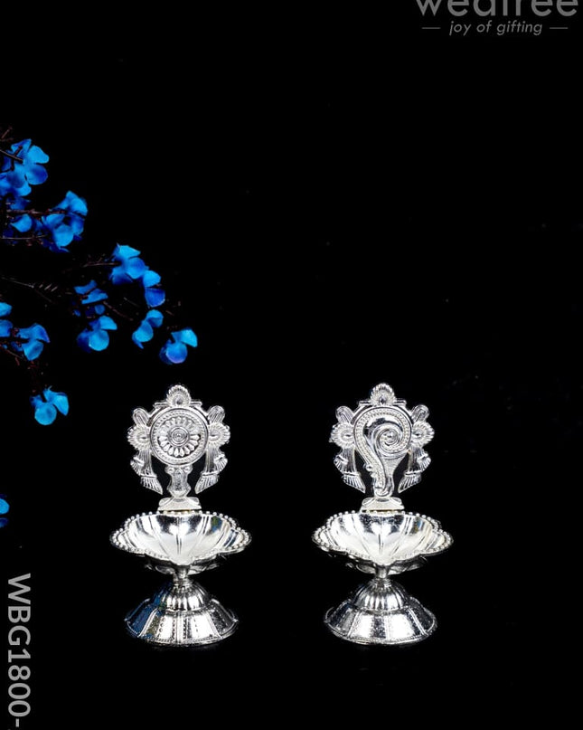 Shanku Chakra Diya - Silver - 3 inch - WBG1800-2 - White Metal Diya RG