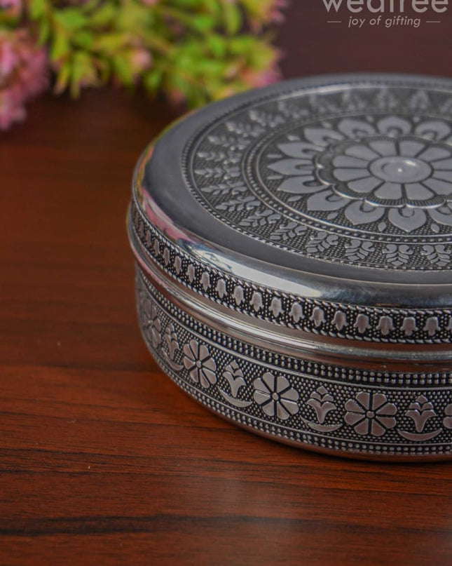 Silver Oxidised Floral Design Poori Box - WL3269 - Poori Boxes
