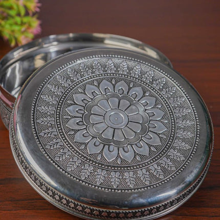 Silver Oxidised Floral Design Poori Box - WL3269 - Poori Boxes