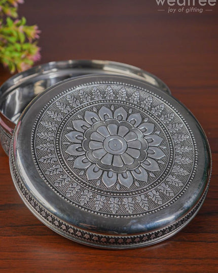 Silver Oxidised Floral Design Poori Box - WL3269 - Poori Boxes