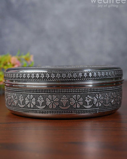 Silver Oxidised Floral Design Poori Box - WL3269 - Poori Boxes