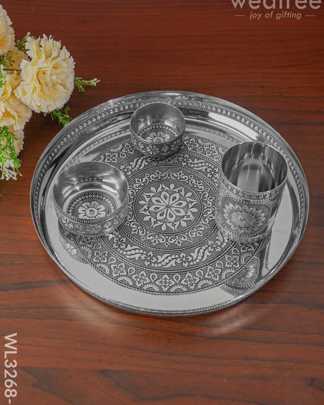 Silver Oxidised Thali Set - 11.5 Inch Wl3268-2 Meenakari Trays & Plates