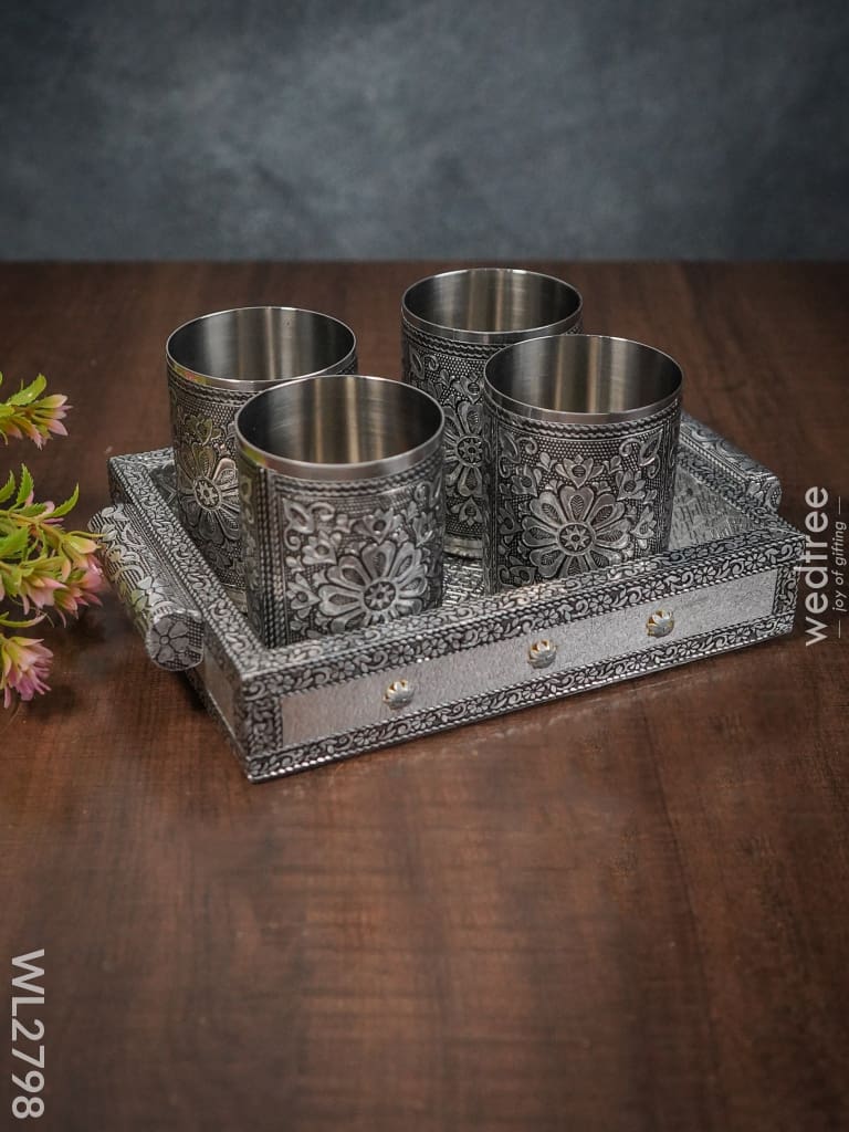Silver Oxidised Tray With 4 Glass - Wl2798 Meenakari Trays & Tray Sets