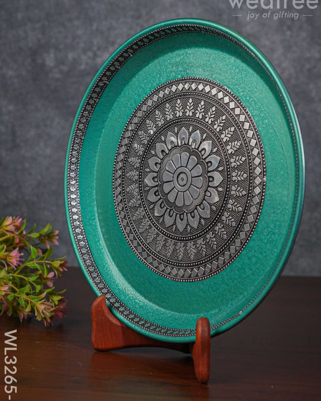 Silver Oxidized Round Plate - Wl3265-1 Meenakari Trays & Plates
