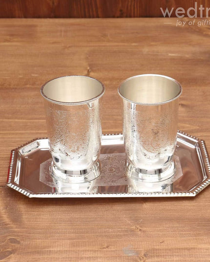 Silver Plated Set Of 2 Glass With Plate - W3721 Utility Return Gifts