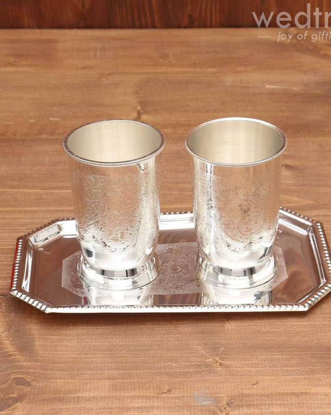 Silver Plated Set Of 2 Glass With Plate - W3721 Utility Return Gifts