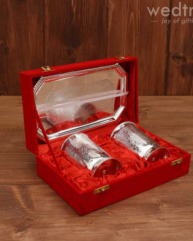 Silver Plated Set Of 2 Glass With Plate - W3721 Utility Return Gifts