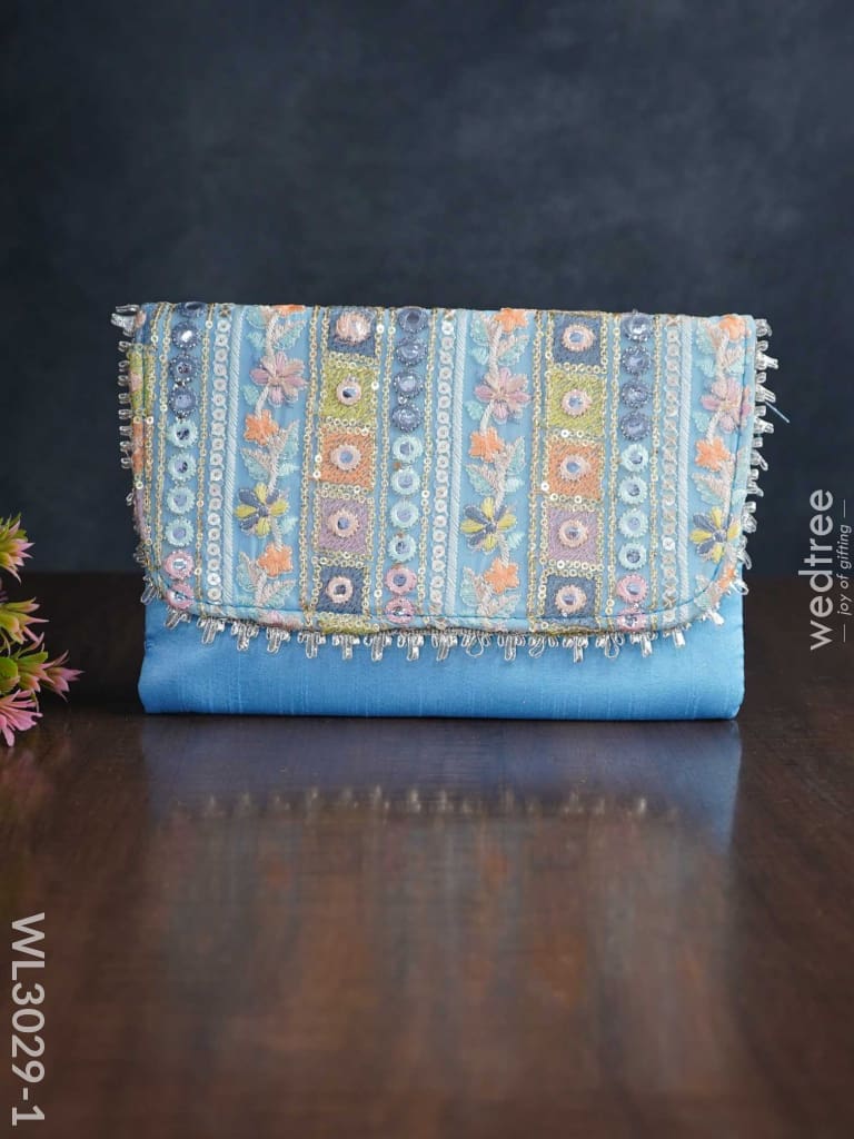 Sling Bag With Mirror & Embroidery Work - Wl3029 Blue Clutches And Purses