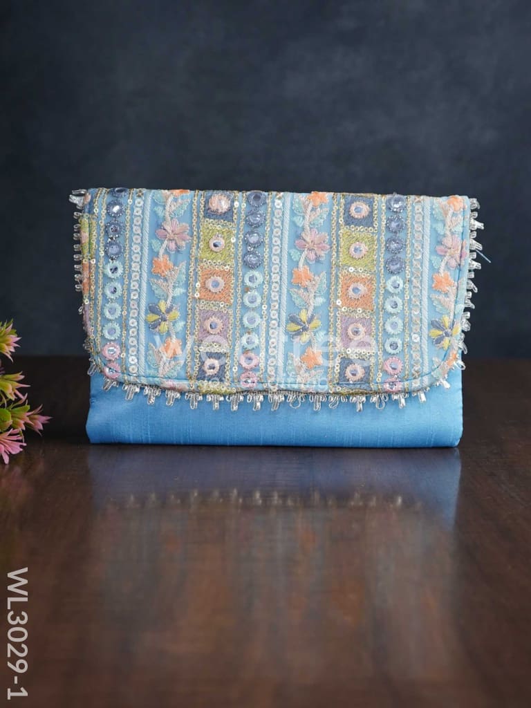 Sling Bag With Mirror & Embroidery Work - Wl3029 Blue Clutches And Purses