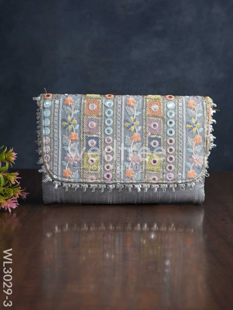 Sling Bag With Mirror & Embroidery Work - Wl3029 Gray Clutches And Purses