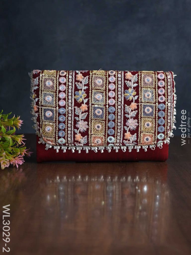Sling Bag With Mirror & Embroidery Work - Wl3029 Maroon Clutches And Purses