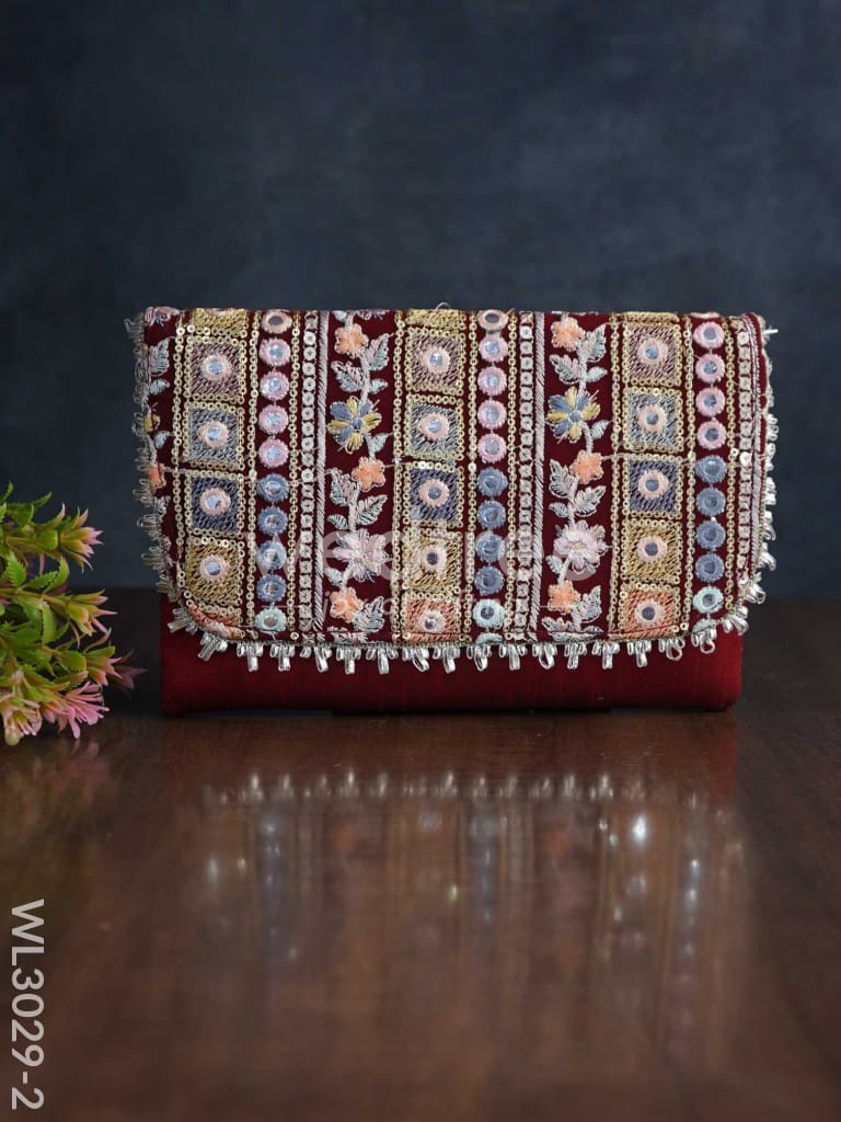 Sling Bag With Mirror & Embroidery Work - Wl3029 Maroon Clutches And Purses