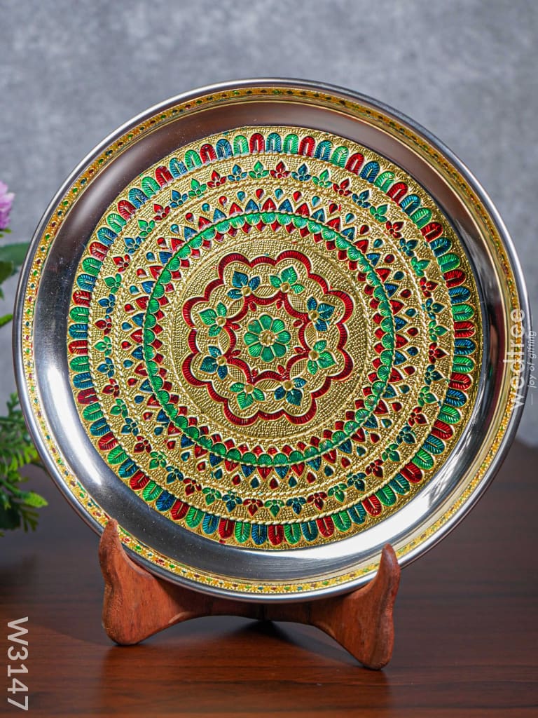 Stainless Steel Plate With Meenakari Designs - 9 Inch W3147 Trays & Plates