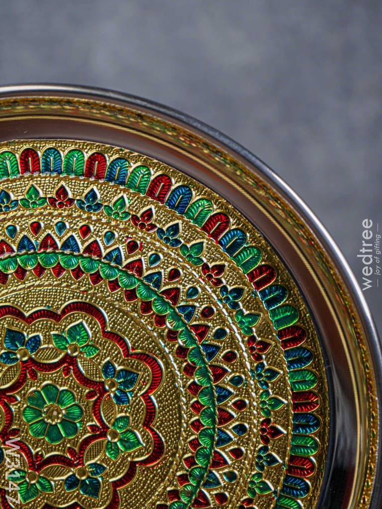 Stainless Steel Plate With Meenakari Designs - 9 Inch W3147 Trays & Plates