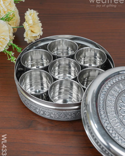 Stainless Steel Silver Oxidised Masala Box - Wl4339 Containers And Poori Boxes