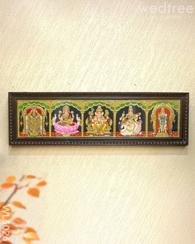 Tanjore Painting - Balaji-Gajalakshmi-Ganesha-Saraswathi-Murugan - Flat (Gold Foil) - 50x12 inch (5 in 1) - WL5026