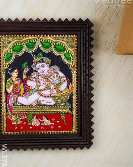 Tanjore Painting Butter Krishna (Chettinad Frame) - Flat (Gold foil) - 15x12 inch - WL3783 - Tanjore Painting