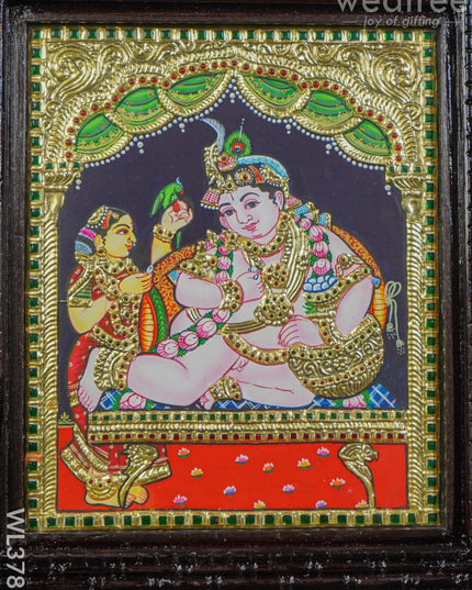 Tanjore Painting Butter Krishna (Chettinad Frame) - Flat (Gold foil) - 15x12 inch - WL3783 - Tanjore Painting
