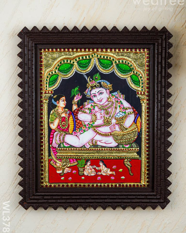 Tanjore Painting Butter Krishna (Chettinad Frame) - Flat (Gold foil) - 15x12 inch - WL3783 - Tanjore Painting