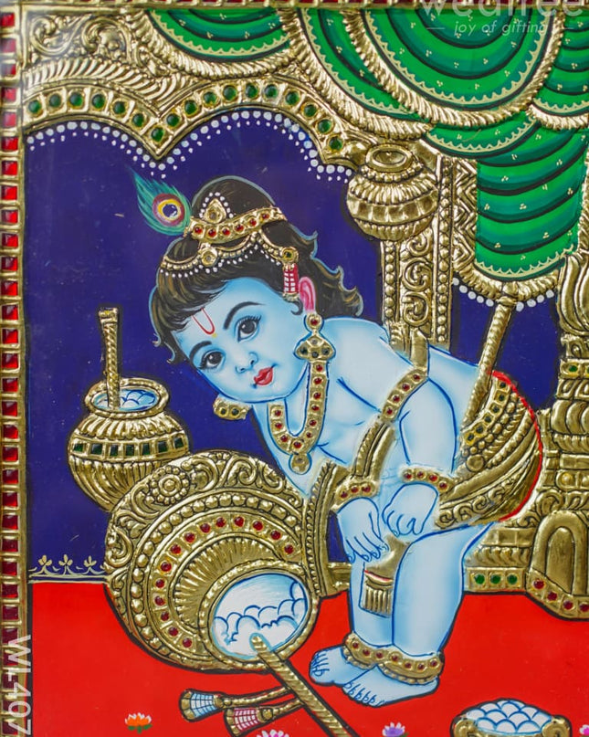 Tanjore Painting - Butter Krishna 12 X 10 Inch Flat [Gold Foil] Wl4077