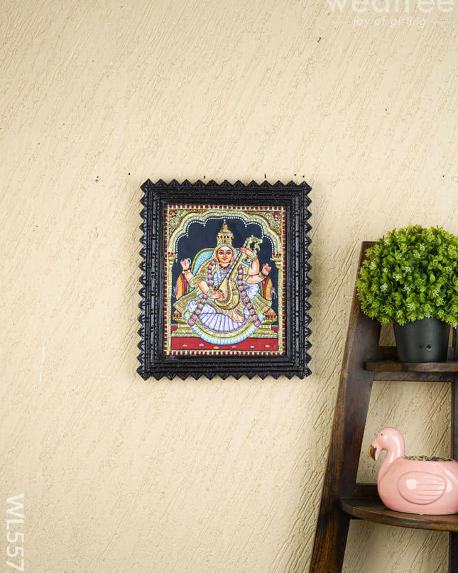Tanjore Painting (Chettinad Frame) - Saraswathi - Semi Embossed - 12x10 inch - WL5576 - Tanjore Painting