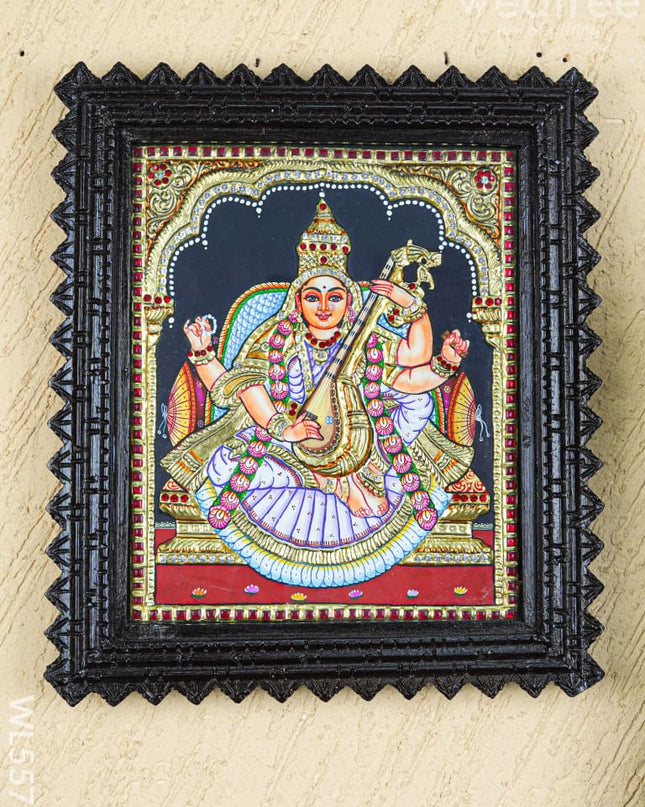 Tanjore Painting (Chettinad Frame) - Saraswathi - Semi Embossed - 12x10 inch - WL5576 - Tanjore Painting