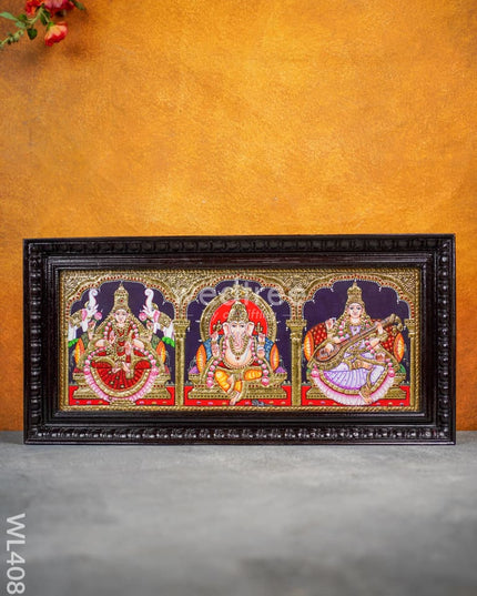 Tanjore Painting - Gajalakshmi-Ganesha-Saraswathi 24 X 10 Inch Flat [Gold Foil] Wl4083