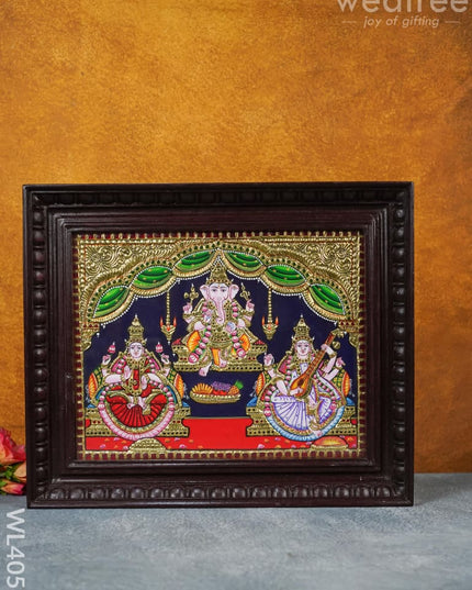 Tanjore Painting - Lakshmi-Ganesha-Saraswathi 15 X 12 Inch Flat [Gold Foil] Wl4056