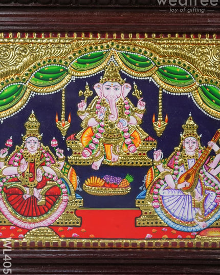 Tanjore Painting - Lakshmi-Ganesha-Saraswathi 15 X 12 Inch Flat [Gold Foil] Wl4056