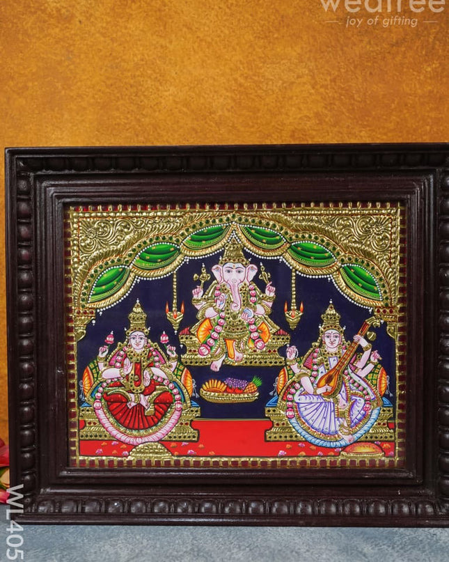 Tanjore Painting - Lakshmi-Ganesha-Saraswathi 15 X 12 Inch Flat [Gold Foil] Wl4056