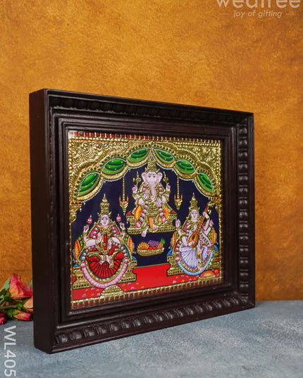 Tanjore Painting - Lakshmi-Ganesha-Saraswathi 15 X 12 Inch Flat [Gold Foil] Wl4056