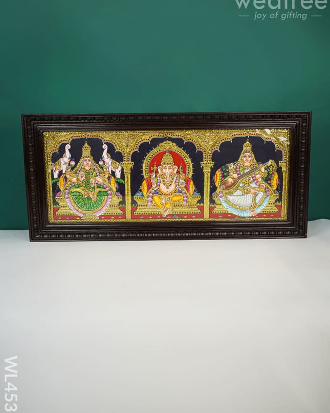 Tanjore Painting - Lakshmi Ganesha Saraswathi Flat (Gold Foil) 30 X 12 Inch Wl4533