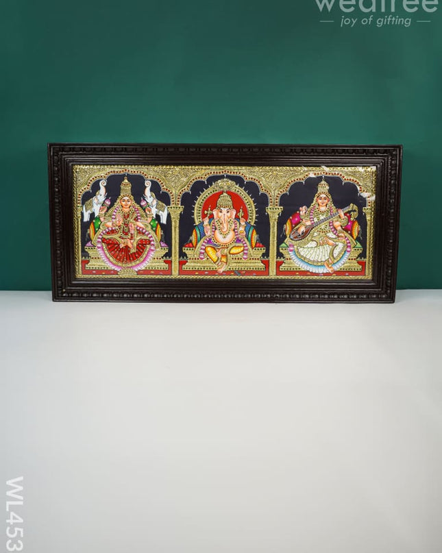 Tanjore Painting - Lakshmi Ganesha Saraswathi Flat (Gold Foil) 30 X 12 Inch Wl4533
