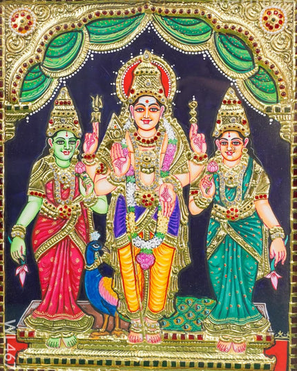 Tanjore Painting - Murugan Valli Deivanai 15 X 12 Inch Semi Embossed Wl4678