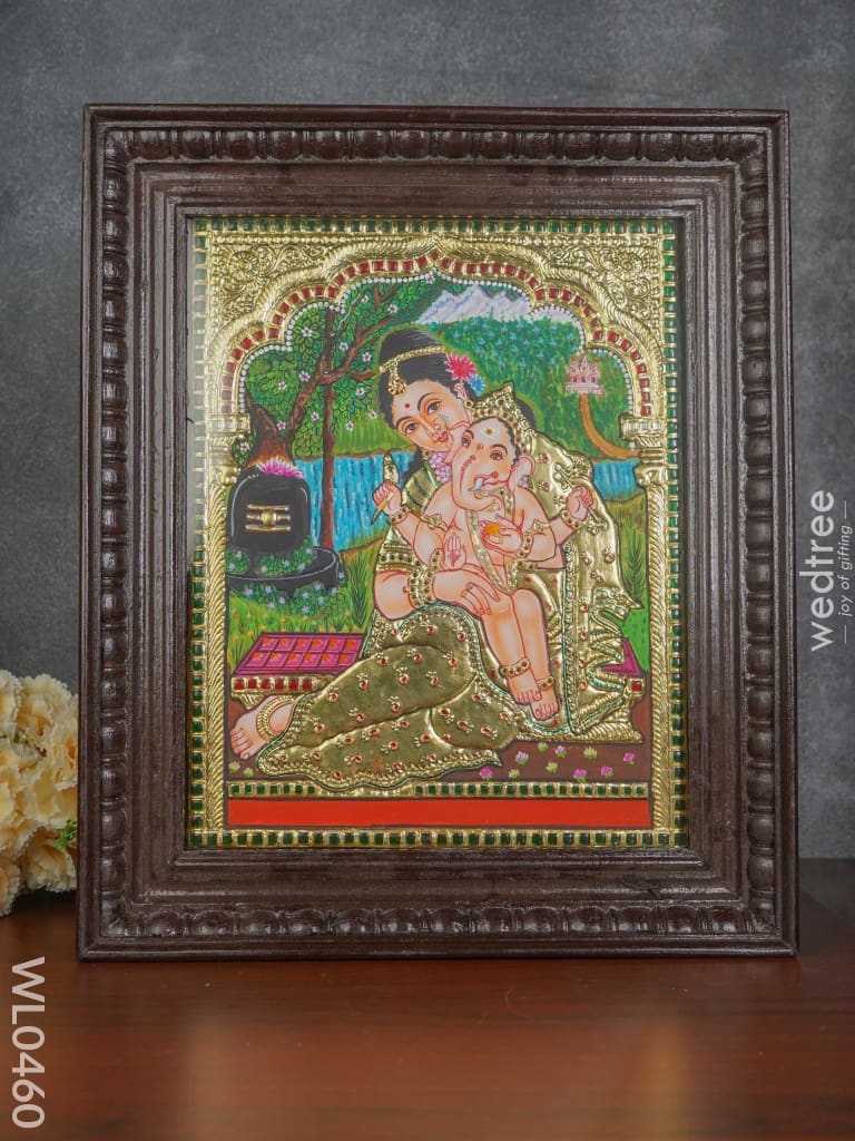 Tanjore Painting Parvathi Ganesha - 15X12 Inches Wl0460