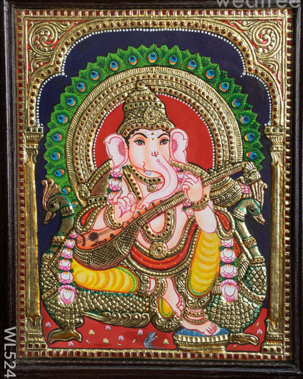 Tanjore Painting Peacock Ganesha - Flat (Gold foil) - 15x12 inch - WL5241 - Tanjore Painting